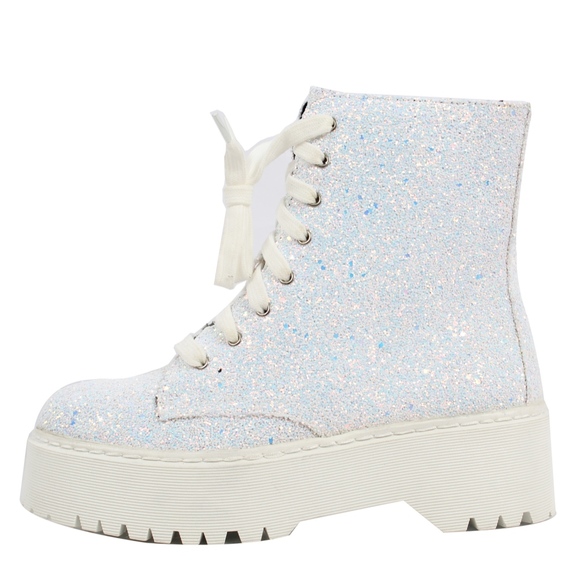 Shoes - White Glitter Lace Up Lug Platform Ankle Boot